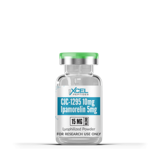 Vial of CJC-1295 No DAC 10mg and Ipamorelin 5mg (15mg blend) peptide for research with growth hormone boosting potential
